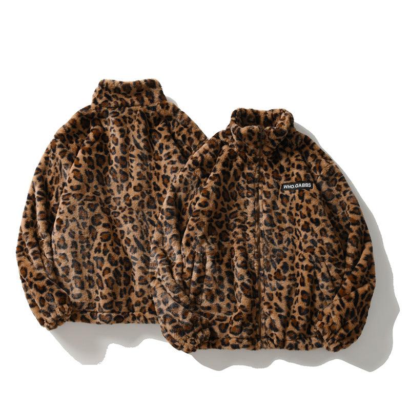 Two leopard print long-sleeve jacket views with stand collars and zip fronts