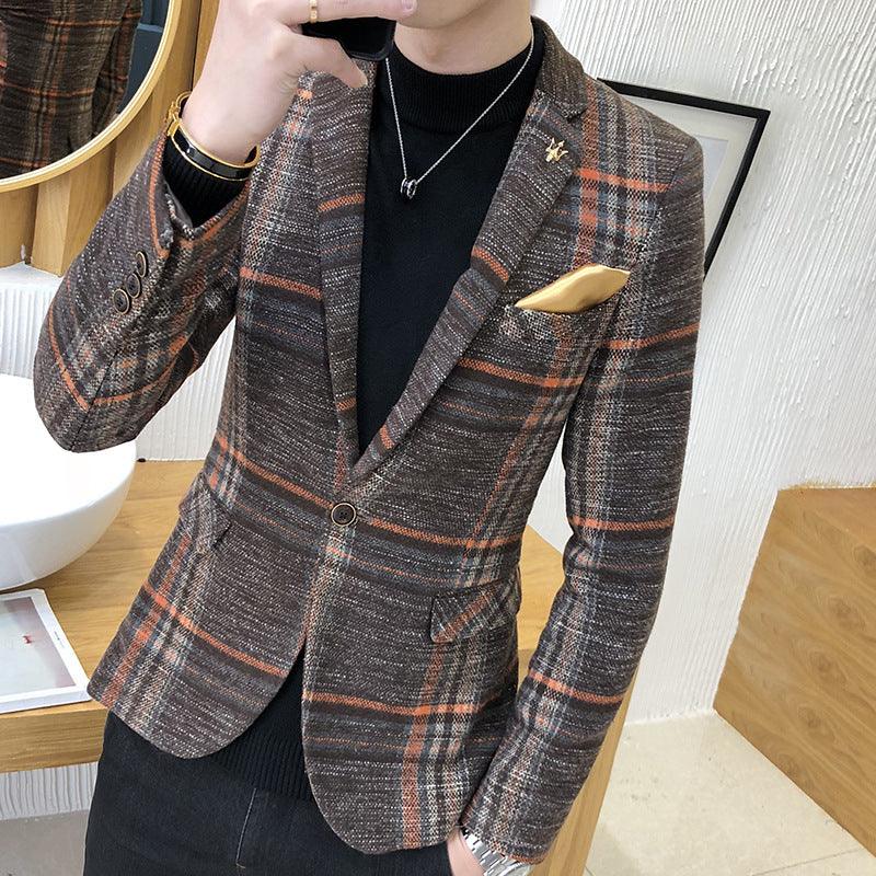 Men's brown plaid blazer with orange-toned stripes, notch lapel and chest pocket