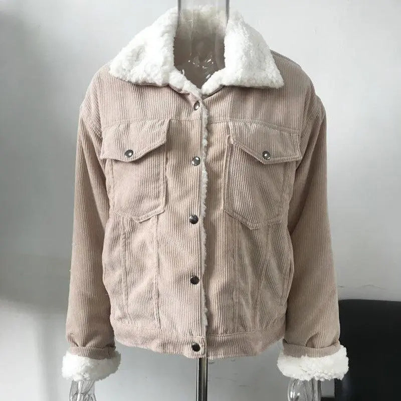 Light beige corduroy padded jacket with white sherpa collar and snap button front