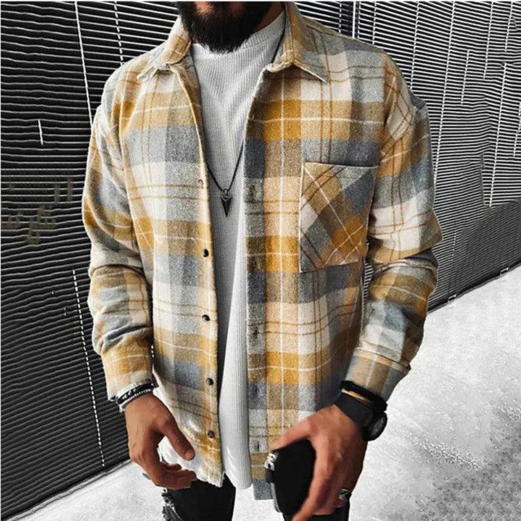 Men's stand-collar plaid pocket shirt in beige, yellow, and gray, long sleeves.