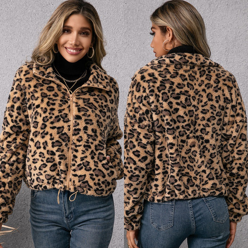 Ladies Leopard Print Lapel Zip Furry Jacket - WOMONA.COM