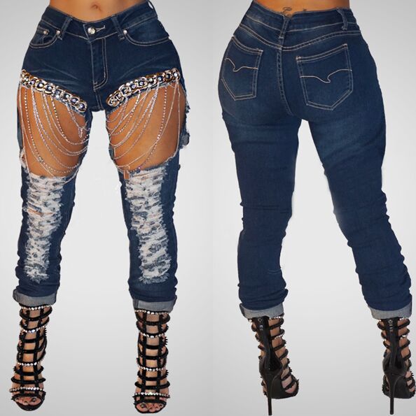 Women ripped chain jeans big size - WOMONA.COM