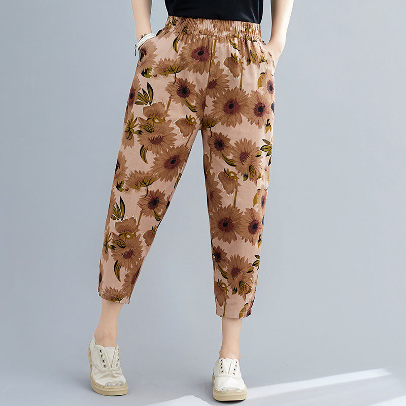 Printed Cotton Linen Pants Women's - WOMONA.COM