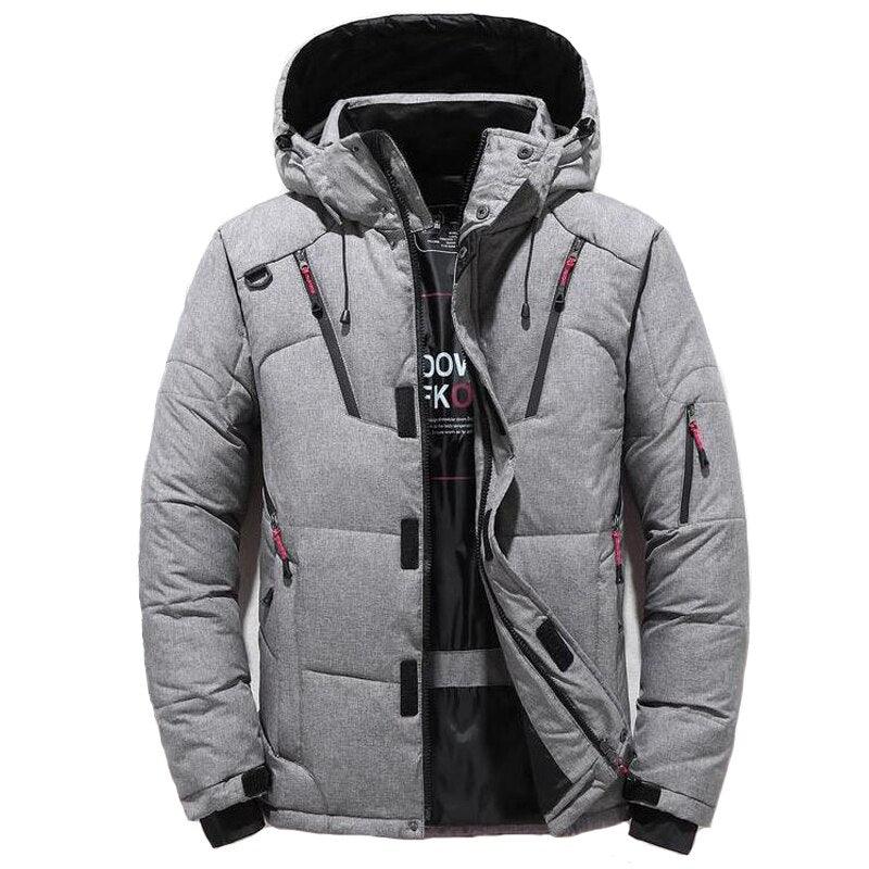 Men's down jacket in grey with black hood, full-zip front, and flap pockets