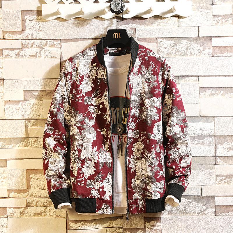 Men's ribbed-hem loose jacket, red with white floral print and black zip front.