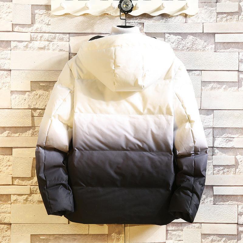 Men's back view color-block puffer jacket with hood and quilted panels