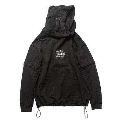 High-collar hooded sweatshirt, black, back view with drawstring hood and hem ties.