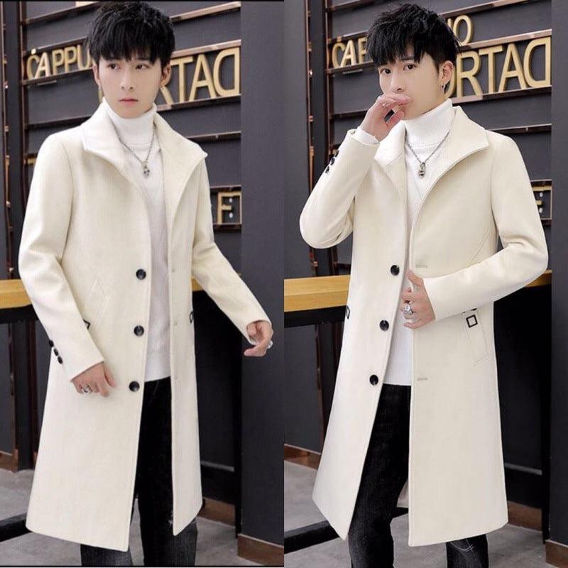 Men's mid-length beige trench coat with button front and notch collar