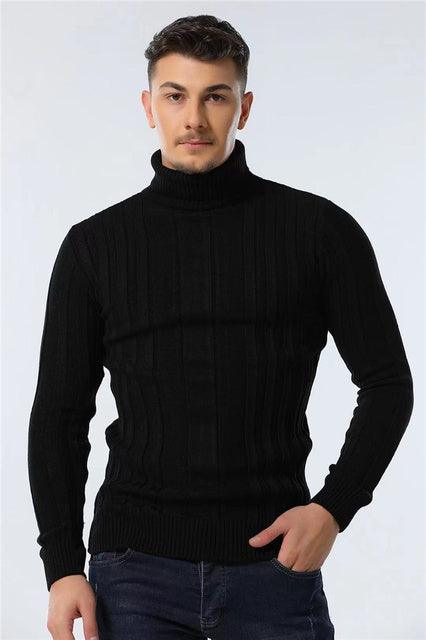 Men’s striped knit turtleneck sweater in black, long sleeves, ribbed cuffs