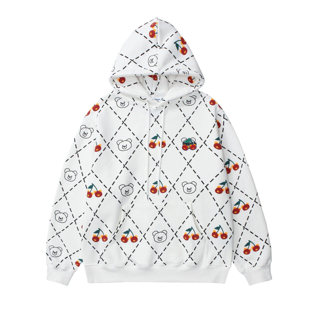 White hooded sweater with cherry and bear-style pattern, full-zip drawstring