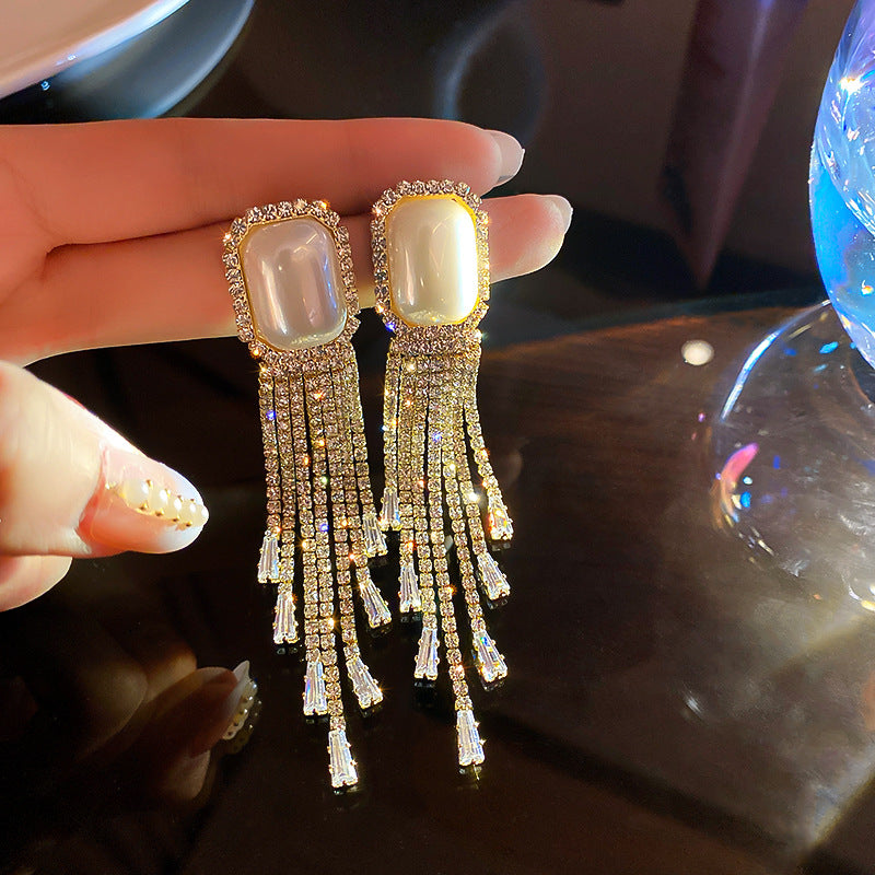 Pearl Full Diamond Long Tassel Earrings - WOMONA.COM