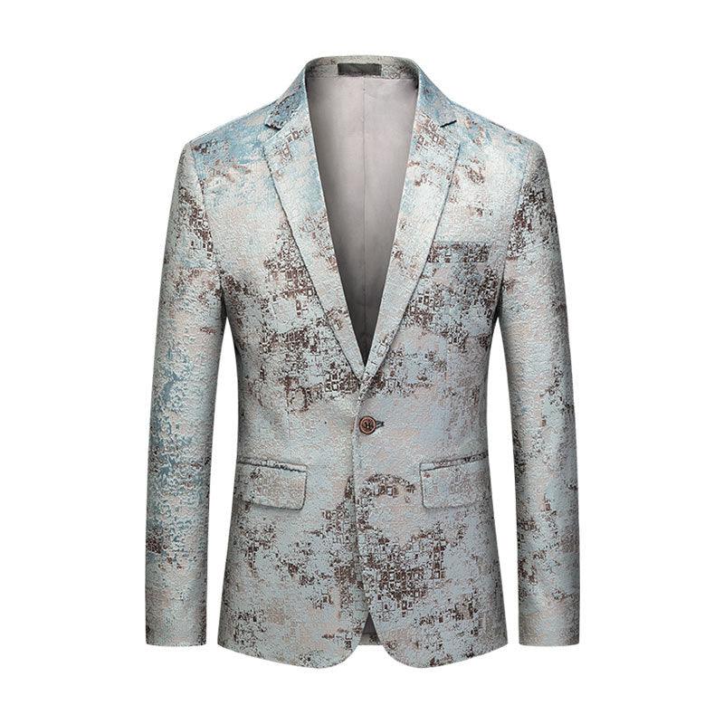 Men's blazer with light blue-and-tan textured print, notched lapels, single-breasted button
