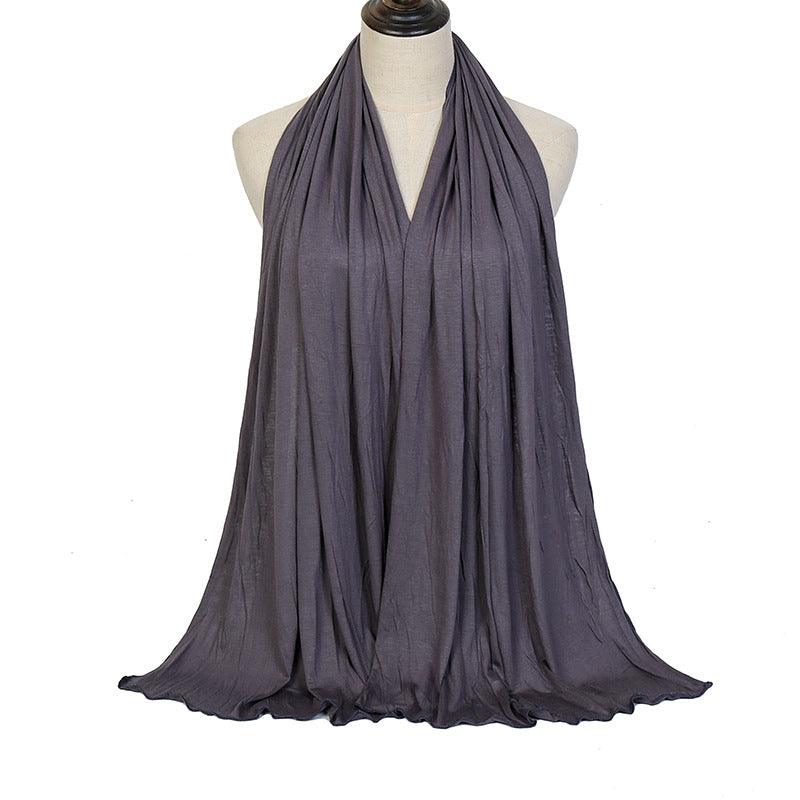 Dark gray ladies mercerized cotton headscarf with pleated drape and soft fringe hem