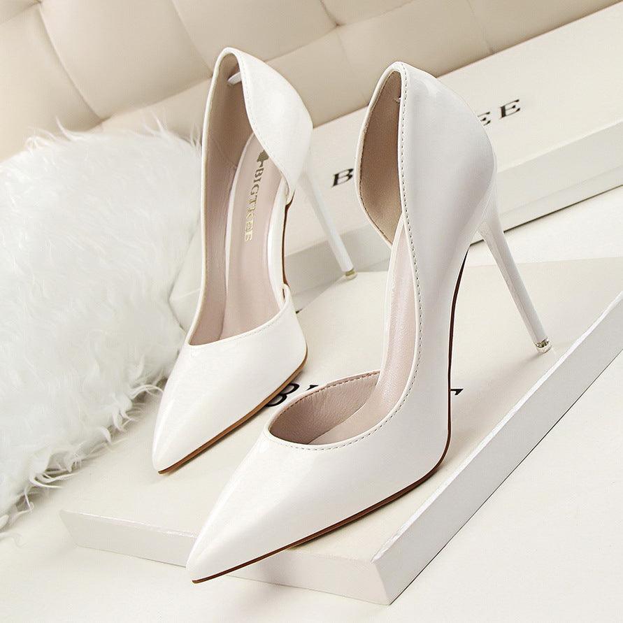 leather shallow pointed high heels - WOMONA.COM