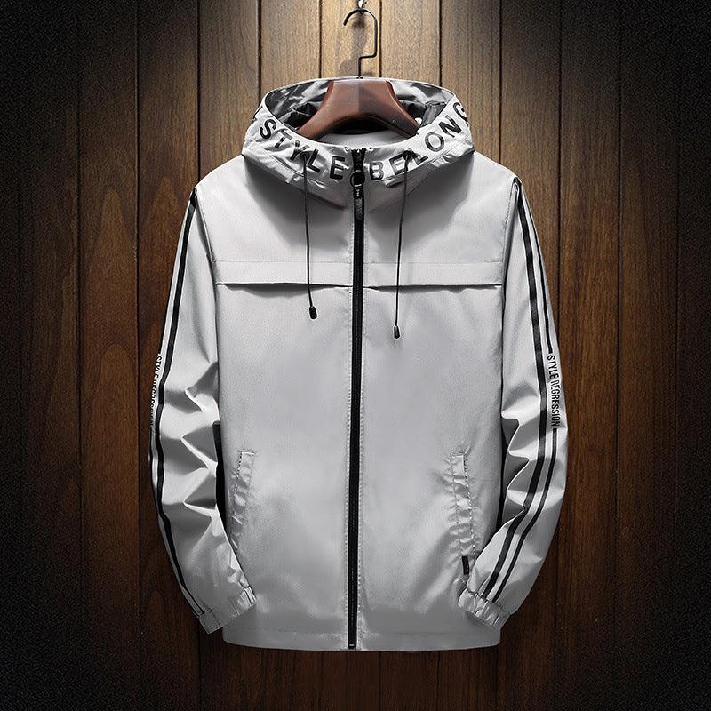 Light gray hooded casual jacket, full-zip front with drawstring hood and long sleeves