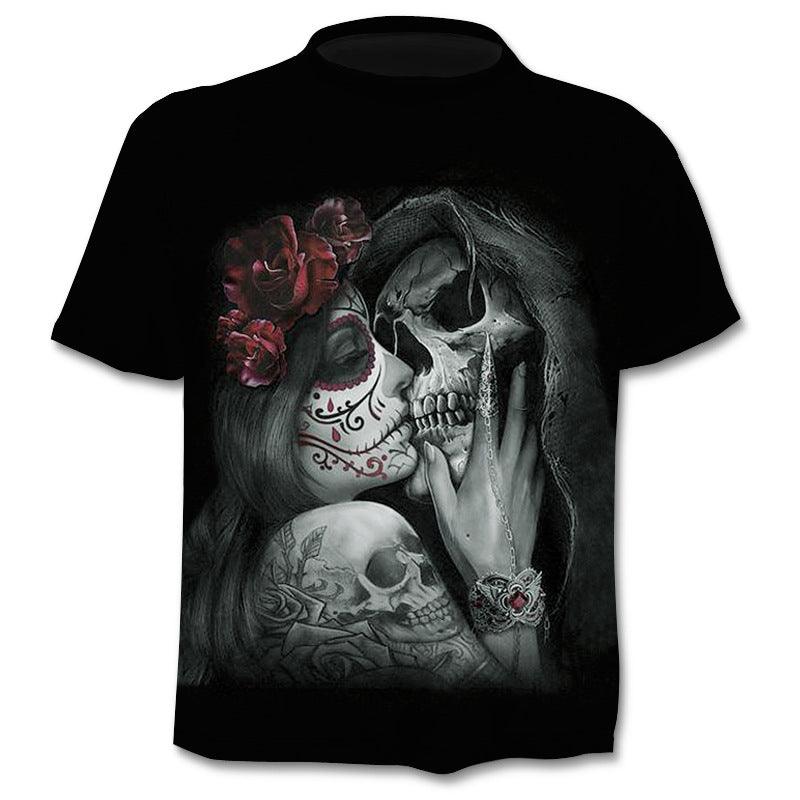 Men's black T-shirt with gray skull and red rose embroidery-style graphic