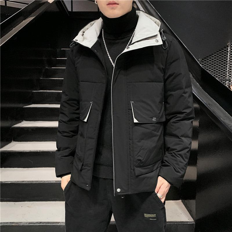 Men's hooded short workwear jacket in black, zip-front with snap pockets