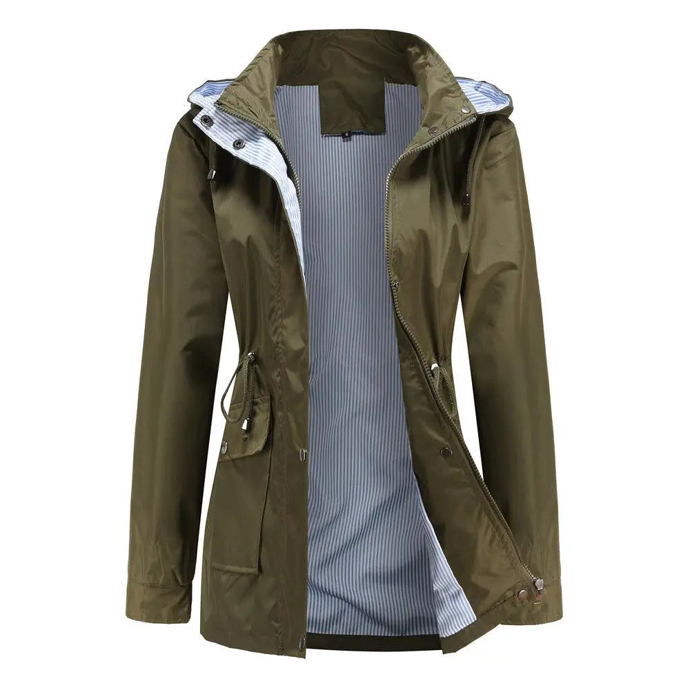Women’s detachable hood trench coat, olive/khaki green, open front with striped lining