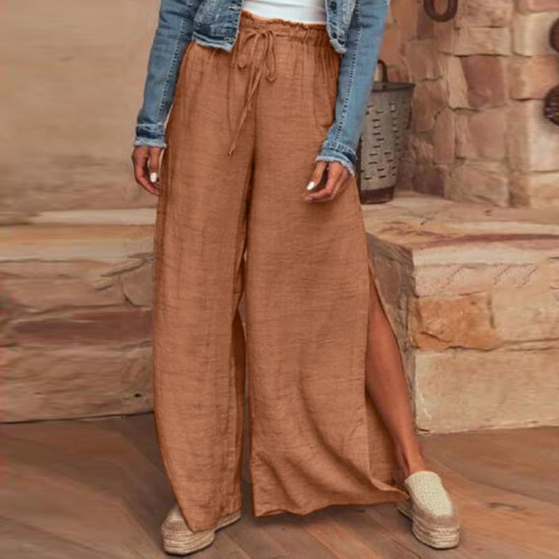 Cotton and linen loose plus size wide leg pants - WOMONA.COM