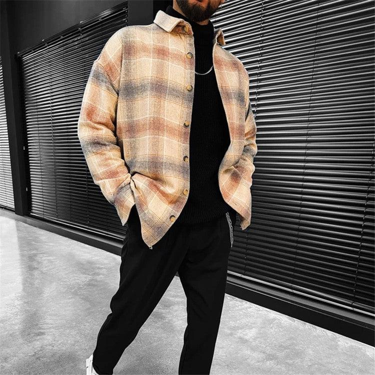 Men's long-sleeve plaid button-up shirt, beige and tan with dark buttons, pointed collar