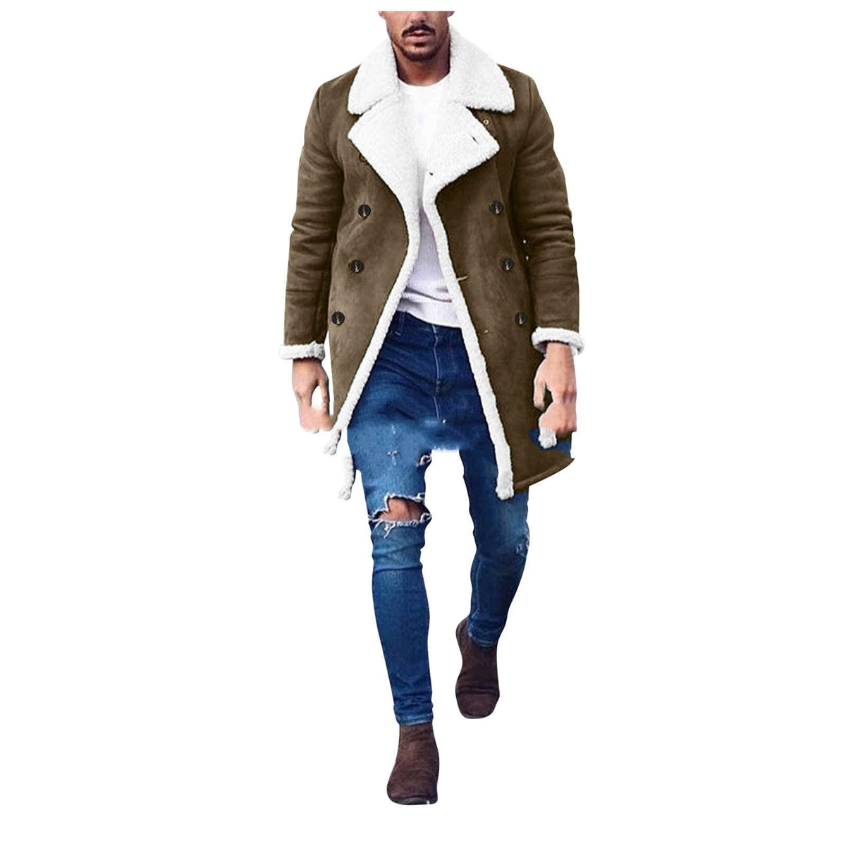 Men's khaki suede-look fleece coat with sherpa trim, button placket and pockets