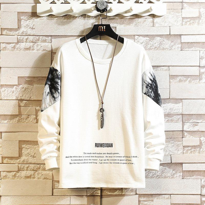 White long-sleeve crewneck pullover with printed sleeves and relaxed fit
