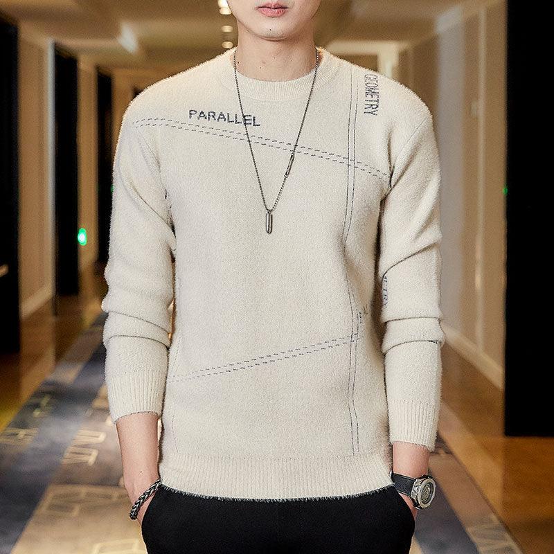 Youth crewneck knit sweater, light beige with stitched geometric panel pattern