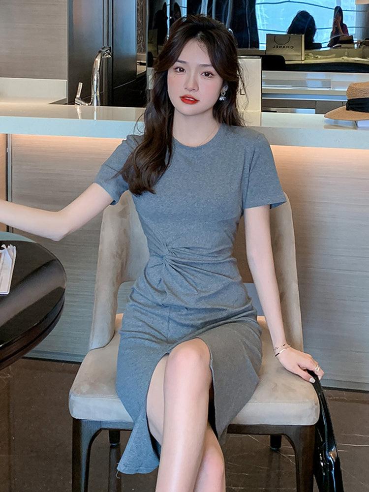 Blue-gray short-sleeve split midi dress with twisted waist detail and side slit