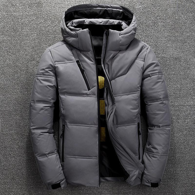 Men's dark gray puffer down jacket with hood, zip front, and quilted insulation panels.