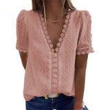 V-Neck Short-Sleeved Blouse Women - WOMONA.COM