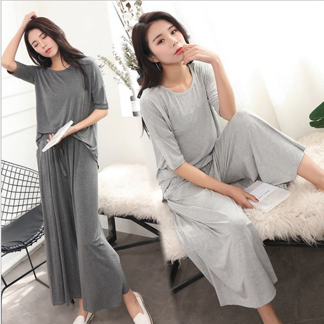 Plus-size Pajamas Two-piece Set Of Nine-minute Wide-leg Pants - WOMONA.COM