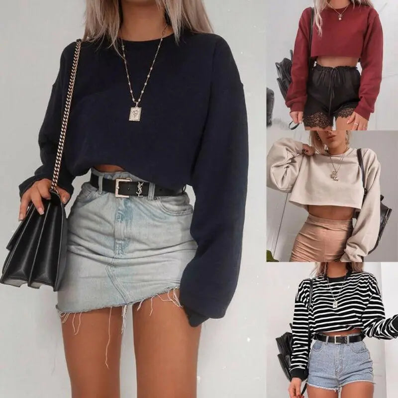 Long Sleeve Crop Top - WOMONA.COM