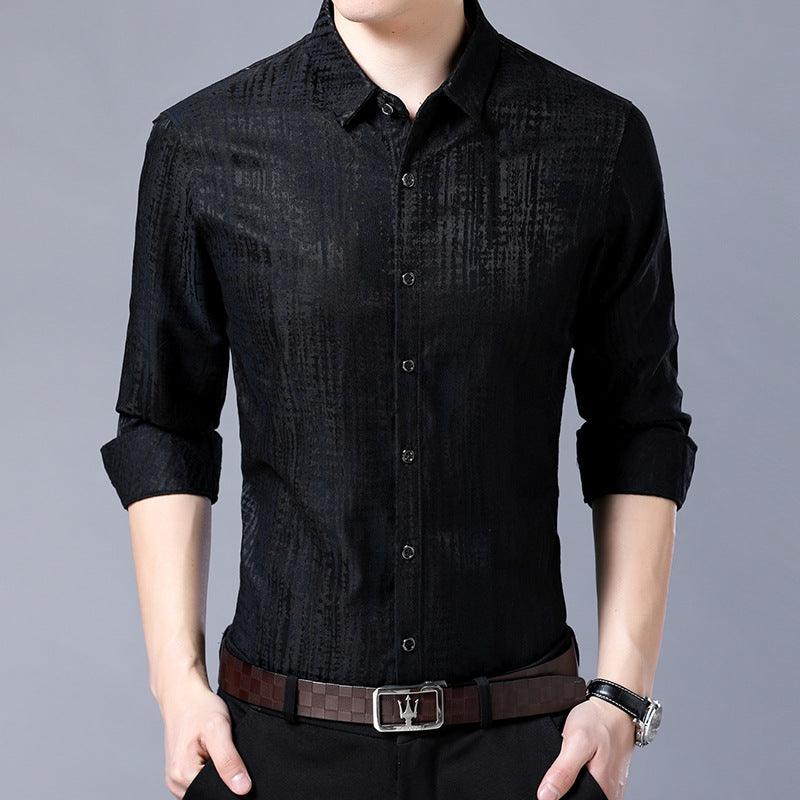 Black textured button-up men’s shirt with button-down collar and 3/4 sleeves