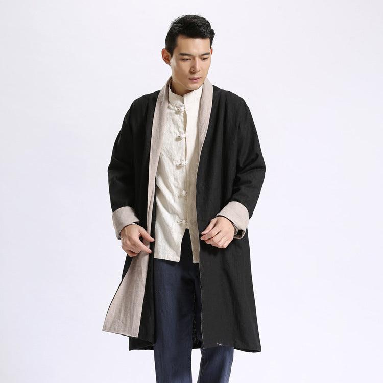 Long black linen cardigan with open front and grey lapel lining, long sleeves