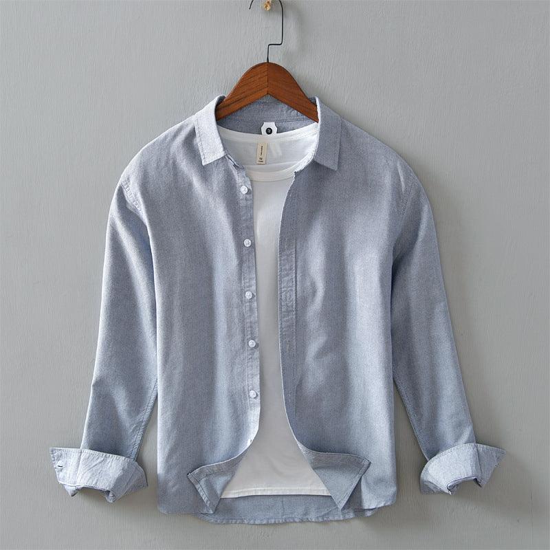 Men's light gray linen casual shirt with button-down front and long sleeves