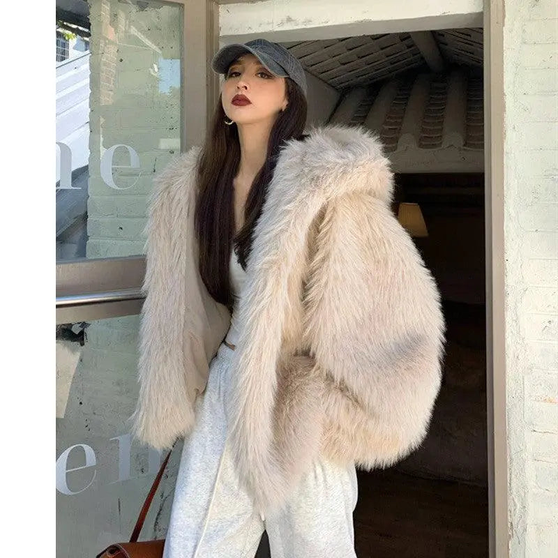 Off-white hooded faux fur jacket with full zip and long sleeves