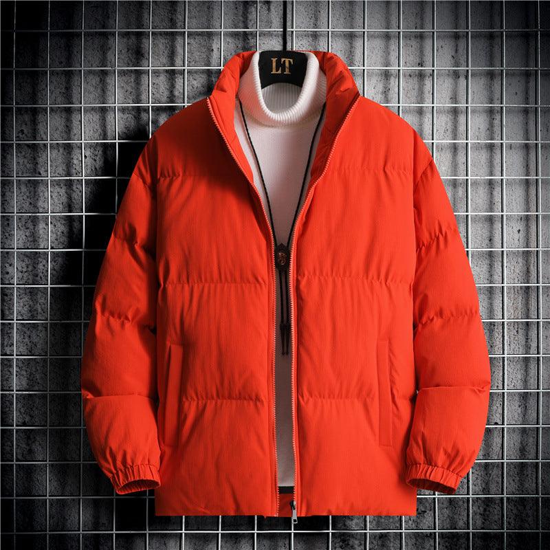 Men's loose cotton jacket, bright orange puffer with full zip and stand collar