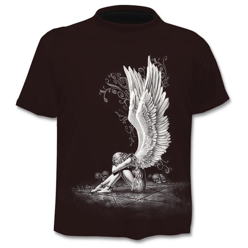 Men's dark maroon T-shirt with white winged angel holding skull graphic