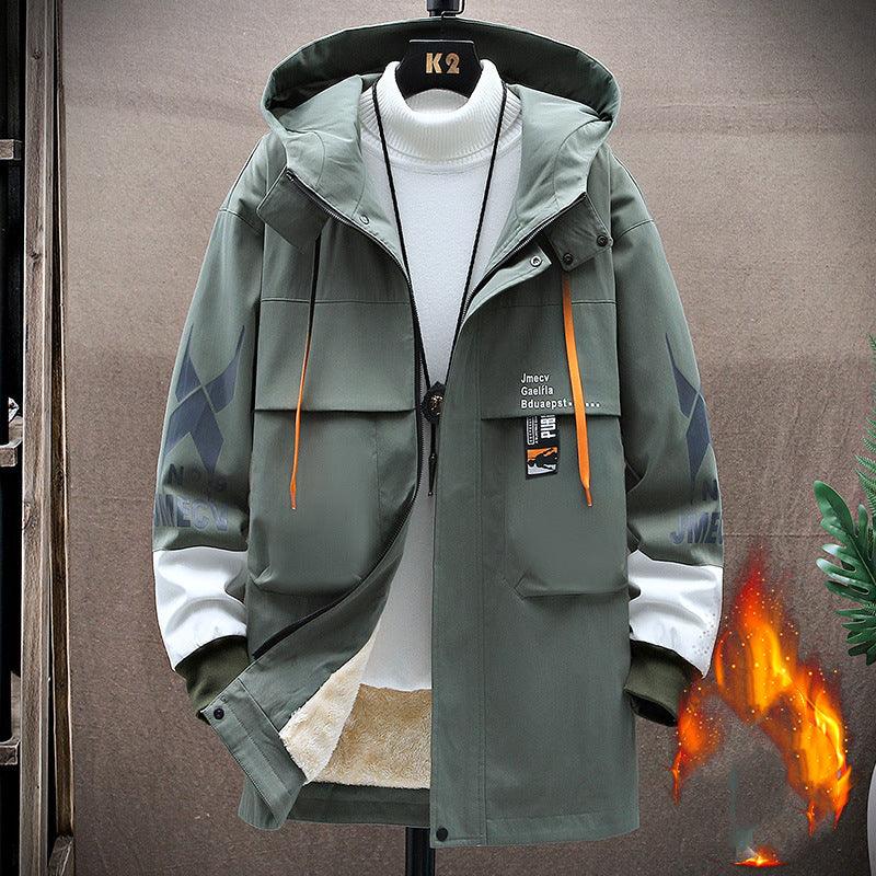Teen fleece-lined windbreaker jacket, dark green with orange drawstring cords