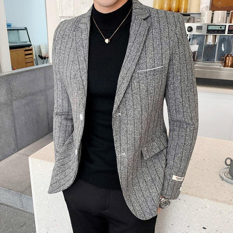 Men's business jacket, grey pinstripe blazer with notch lapel and flap chest pocket.