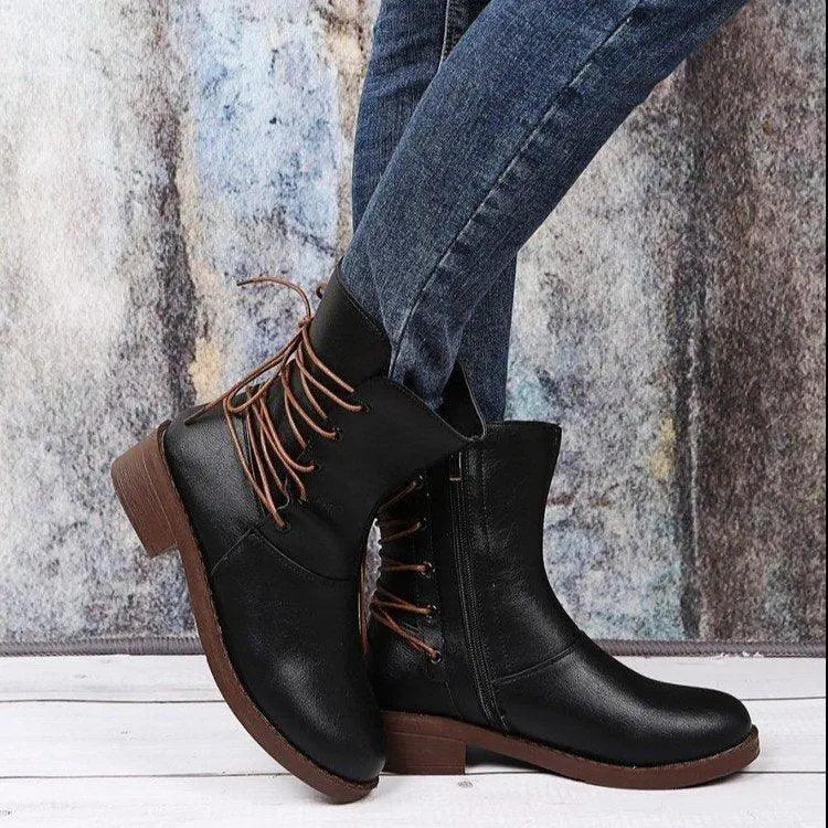 Black thick-heel ankle boots with lace-up front and side zipper