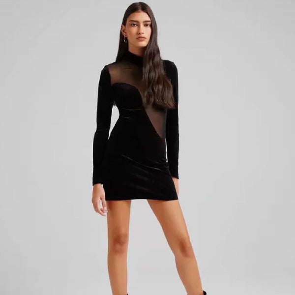 European And American Trendy High Neck Velvet Dress - WOMONA.COM