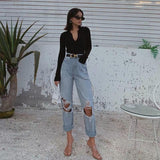 Light Blue denim Ripped Straight Leg Pants Women - WOMONA.COM