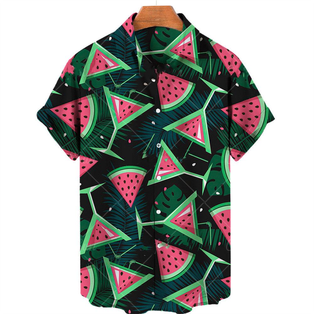 Mens black geometric fruit short-sleeve Hawaiian shirt with green and pink accents
