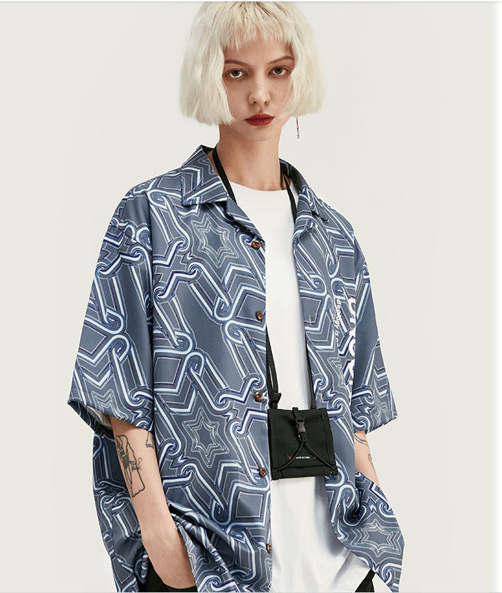Men's short-sleeve button-up shirt with navy and white abstract wave print