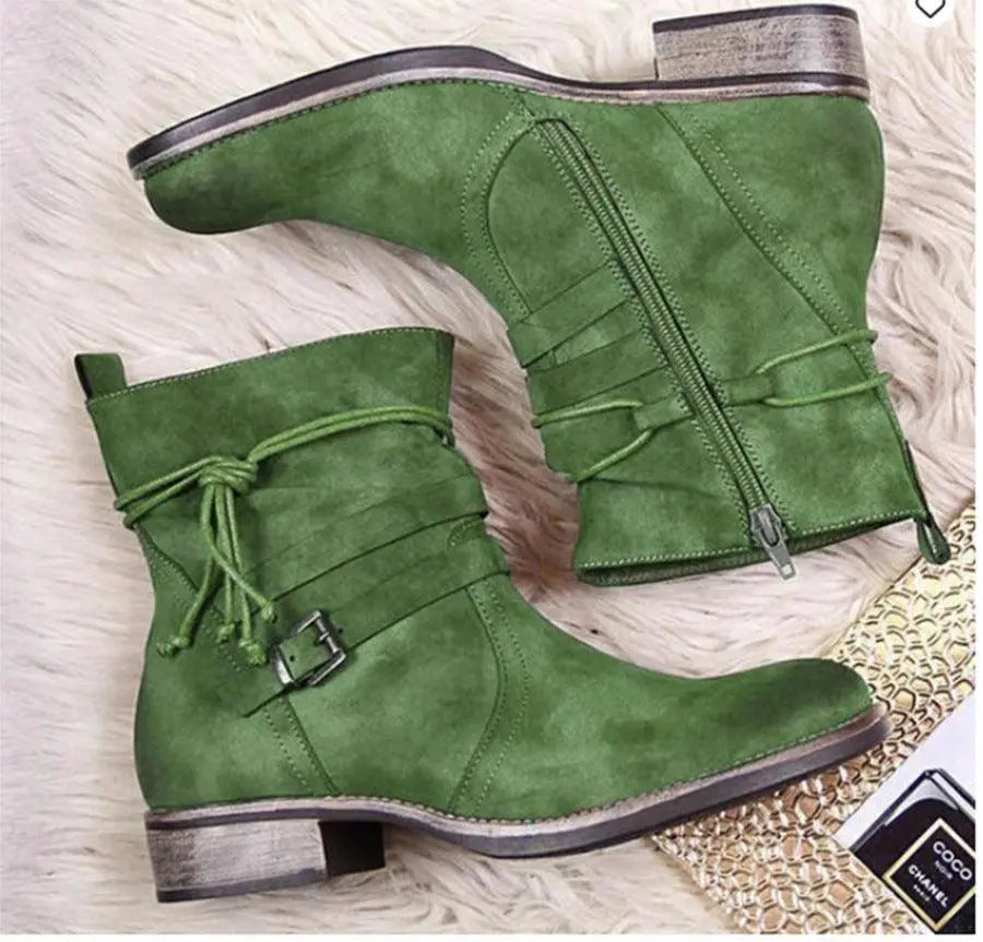 Green suede short boots with side zipper and lace-up front, block heel