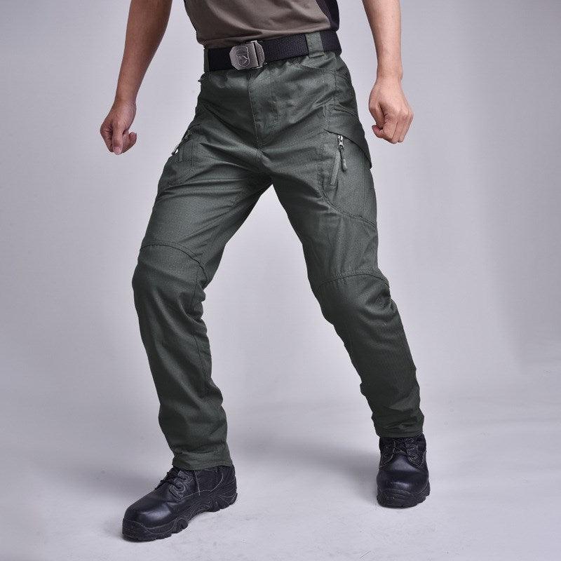 Men's tactical cargo pants, army green, with zip fly, belt loops, and side pockets