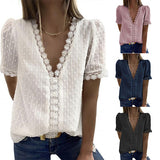 V-Neck Short-Sleeved Blouse Women - WOMONA.COM