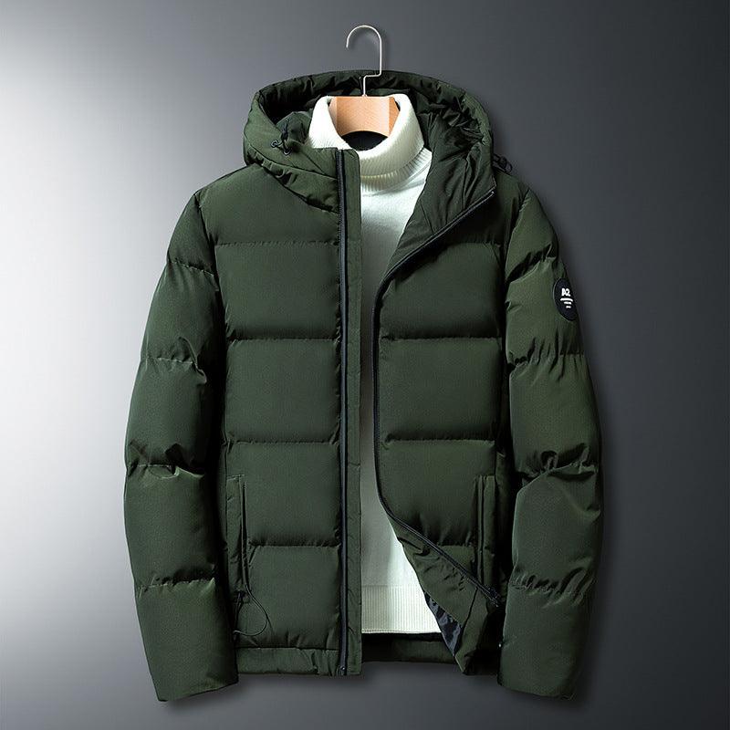 Men's green hooded puffer jacket with full zip and ribbed knit collar