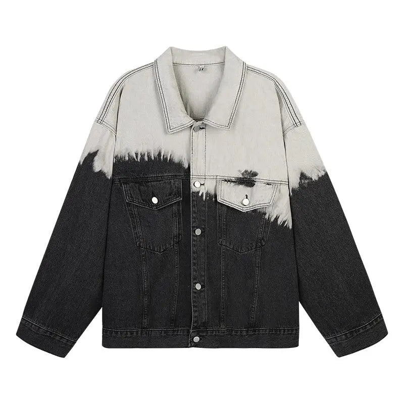 Gradient black-and-light denim jacket with point collar, button closure, and chest flap pockets